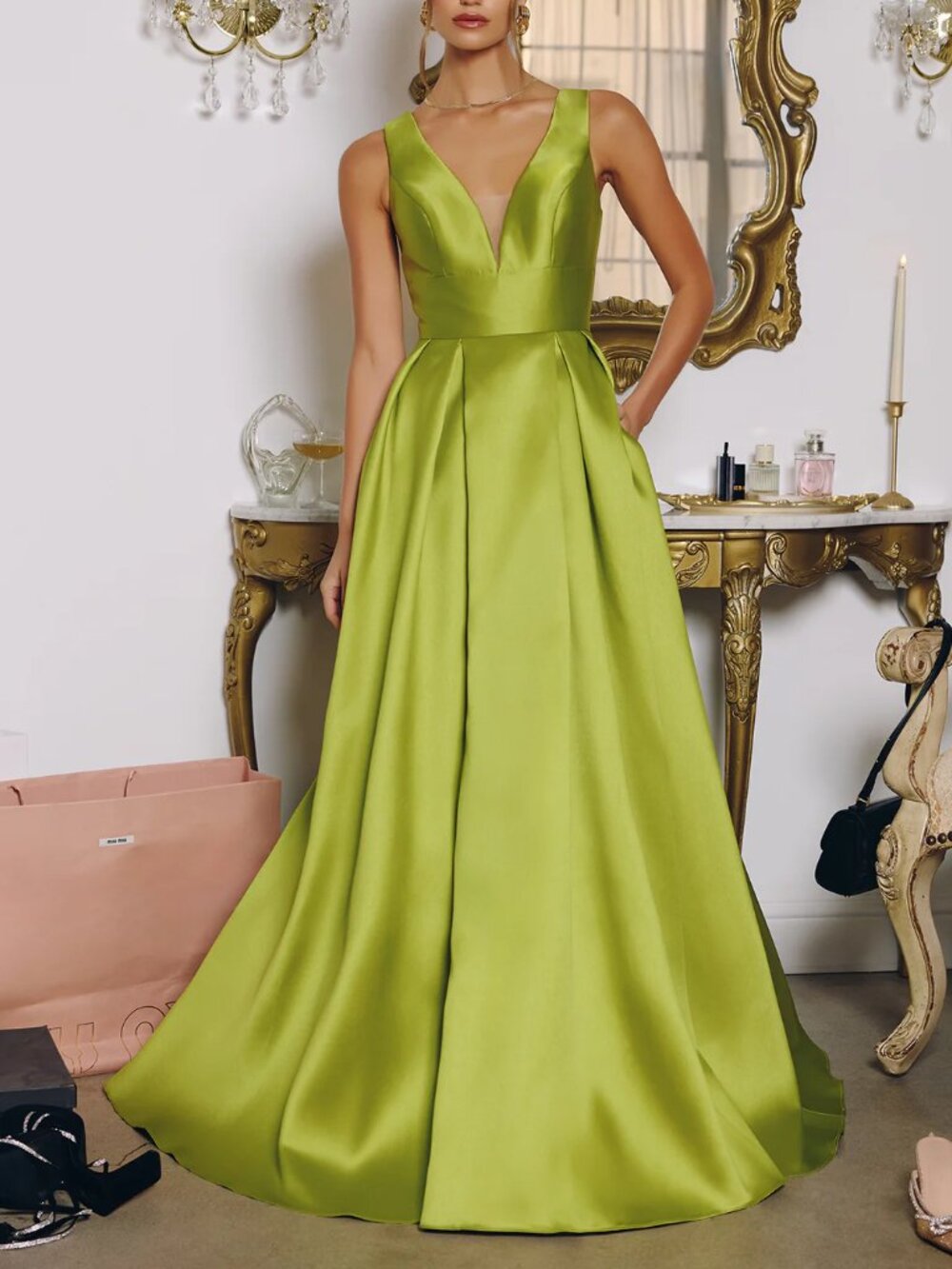 Lime Green V-neck Sleeveless A-line Taffeta Formal Dress 16